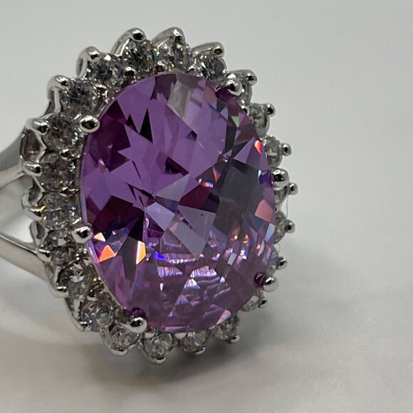 Large Oval Purple CZ & Clear Accents Sterling Silver Ring 925 Marked - Picture 7 of 11